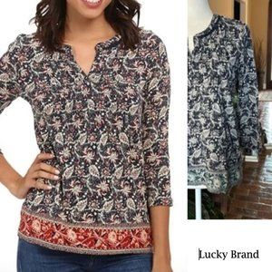 Lucky Brand Boarder Print Split Neck Top szM